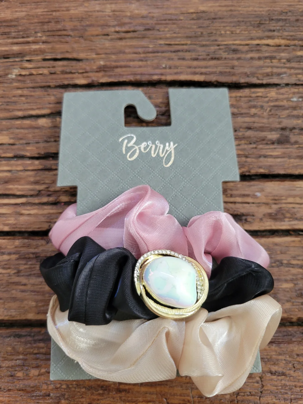 Berry Pink, Black & Cream Pearl Charm Scrunchie Bundle Of 4